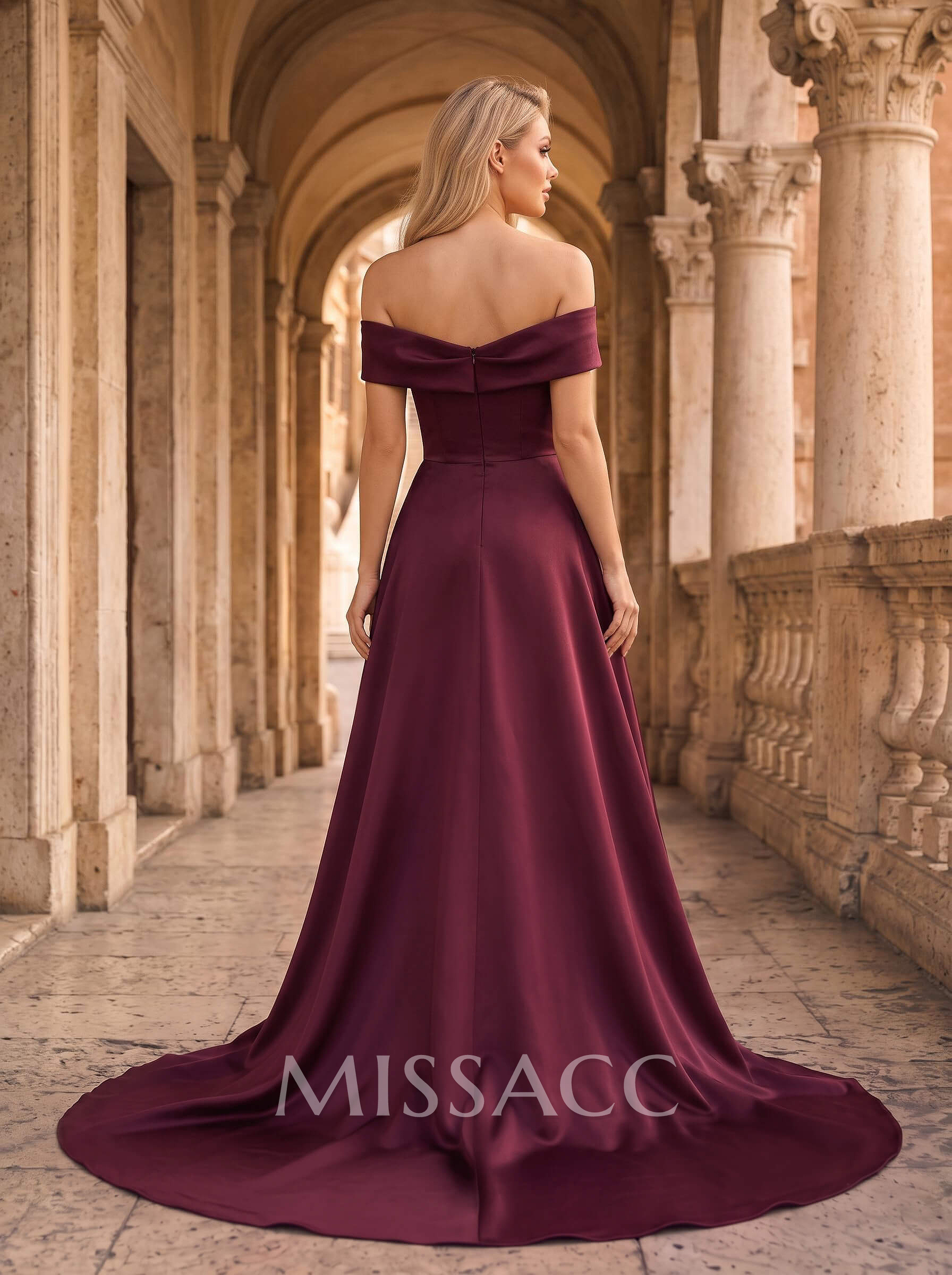 A-Line Off-The-Shoulder Sleeveless Court Train Matte Satin Evening Dresses With Cascading Ruffles