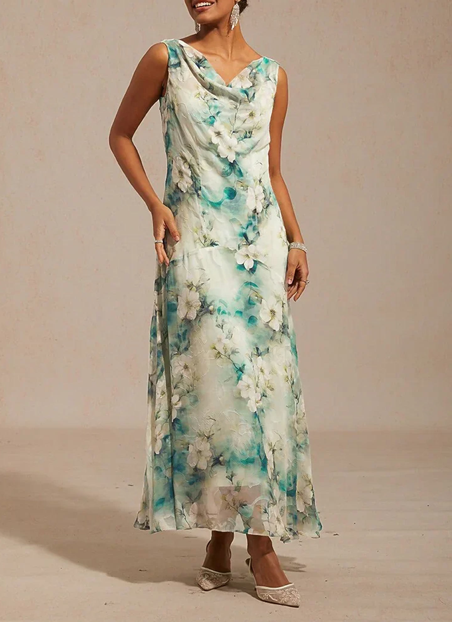 Sheath/Column V-Neck Sleeveless Ankle-Length Chiffon Evening Dresses