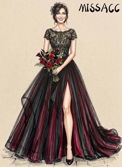 A-Line Scoop Neck Short Sleeves Court Train Lace Evening Dresses With High Split