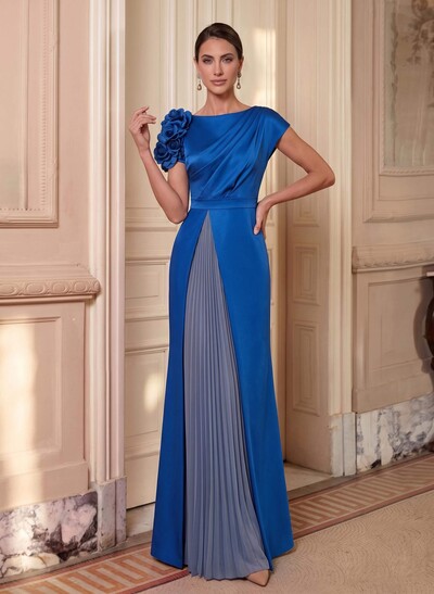 Trumpet/Mermaid Scoop Neck Short Sleeves Floor-Length Chiffon/Satin Evening Dresses With Pleated/Flower(s)