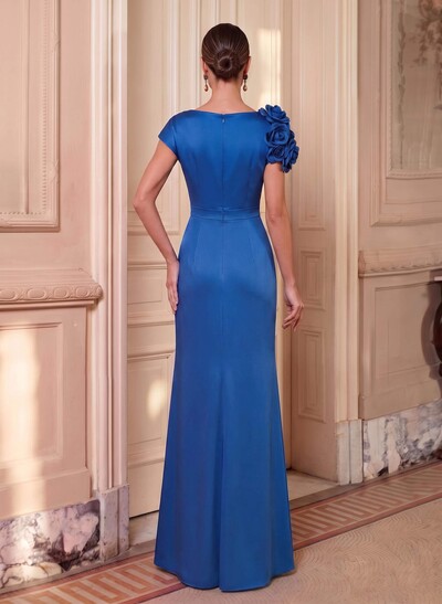 Trumpet/Mermaid Scoop Neck Short Sleeves Floor-Length Chiffon/Satin Evening Dresses With Pleated/Flower(s)