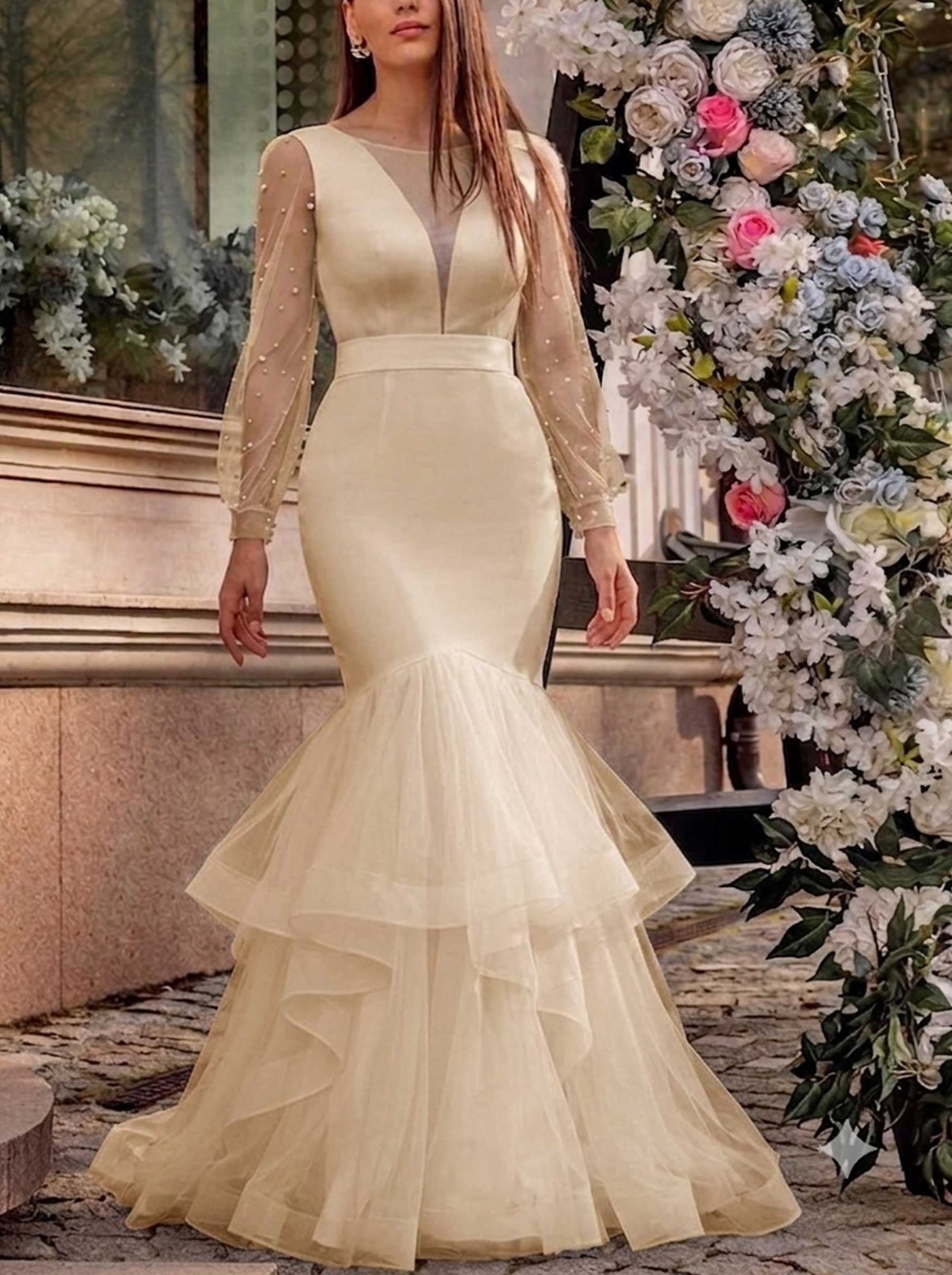 Trumpet/Mermaid Scoop Neck Sleeveless Sweep Train Tulle Evening Dresses With Bow(s)/Beading