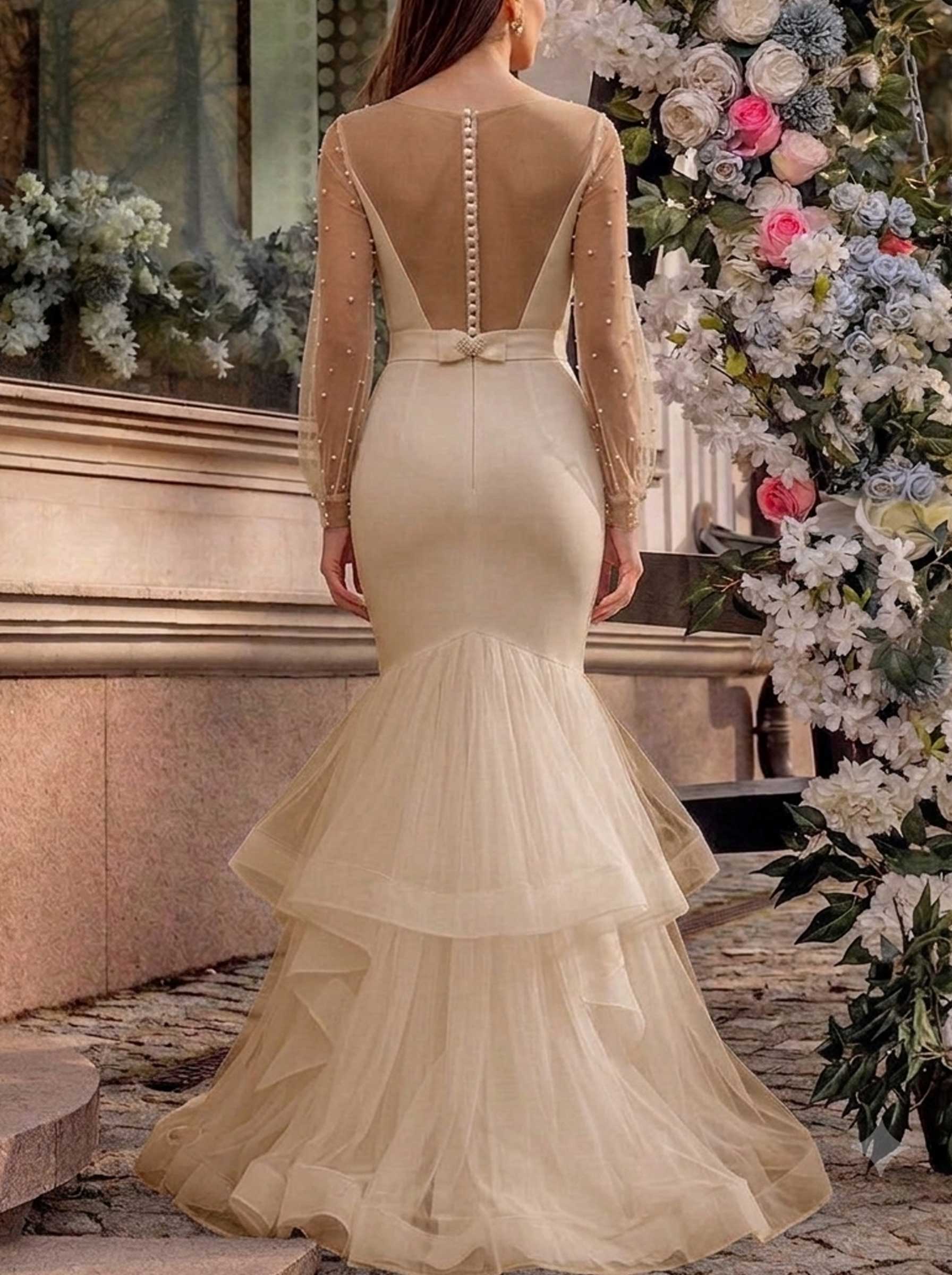 Trumpet/Mermaid Scoop Neck Sleeveless Sweep Train Tulle Evening Dresses With Bow(s)/Beading