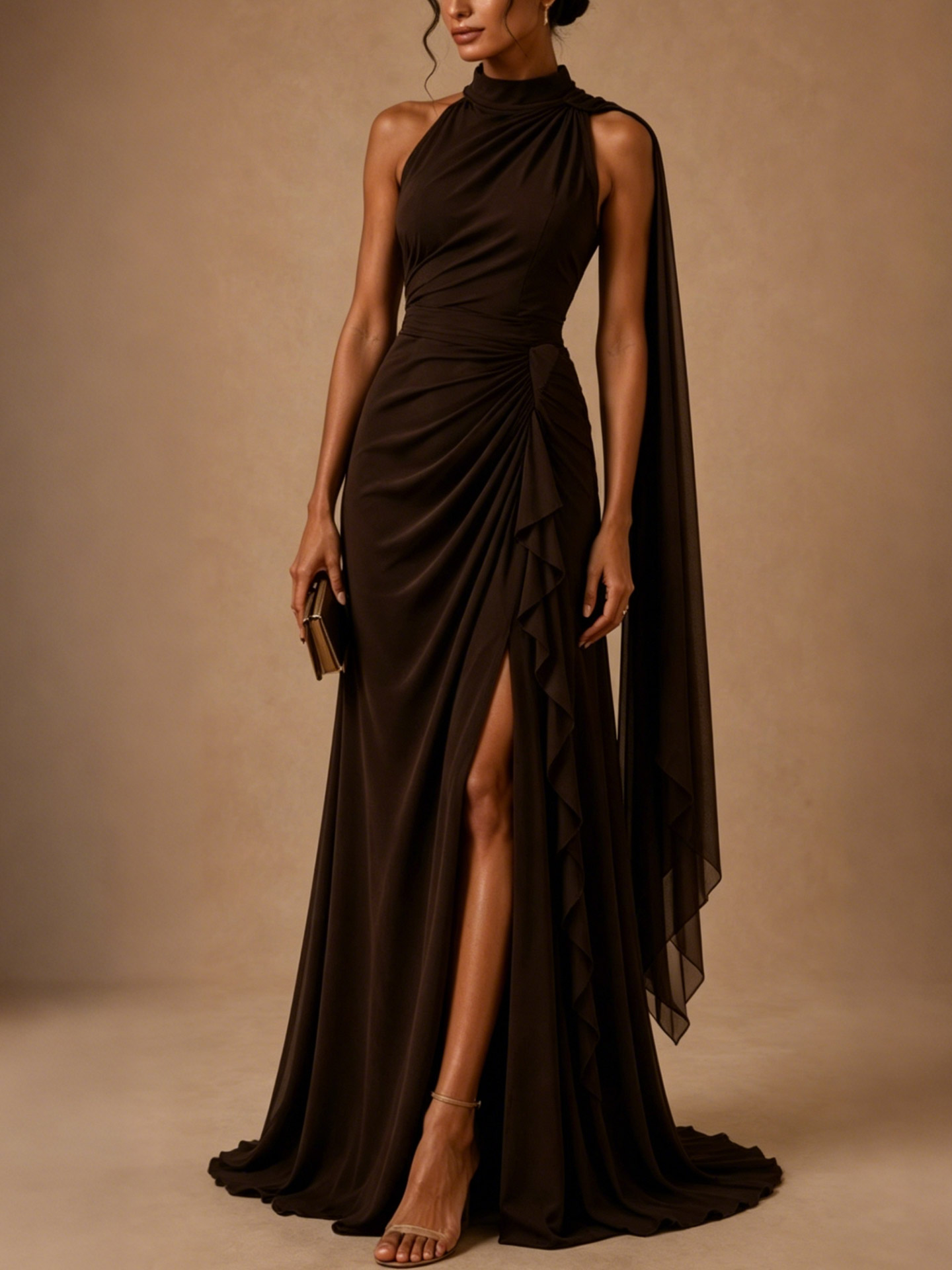 Sheath/Column Halter Sleeveless Sweep Train Chiffon Evening Dresses With High Split