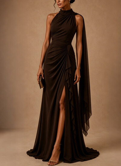 Sheath/Column Halter Sleeveless Sweep Train Chiffon Evening Dresses With High Split