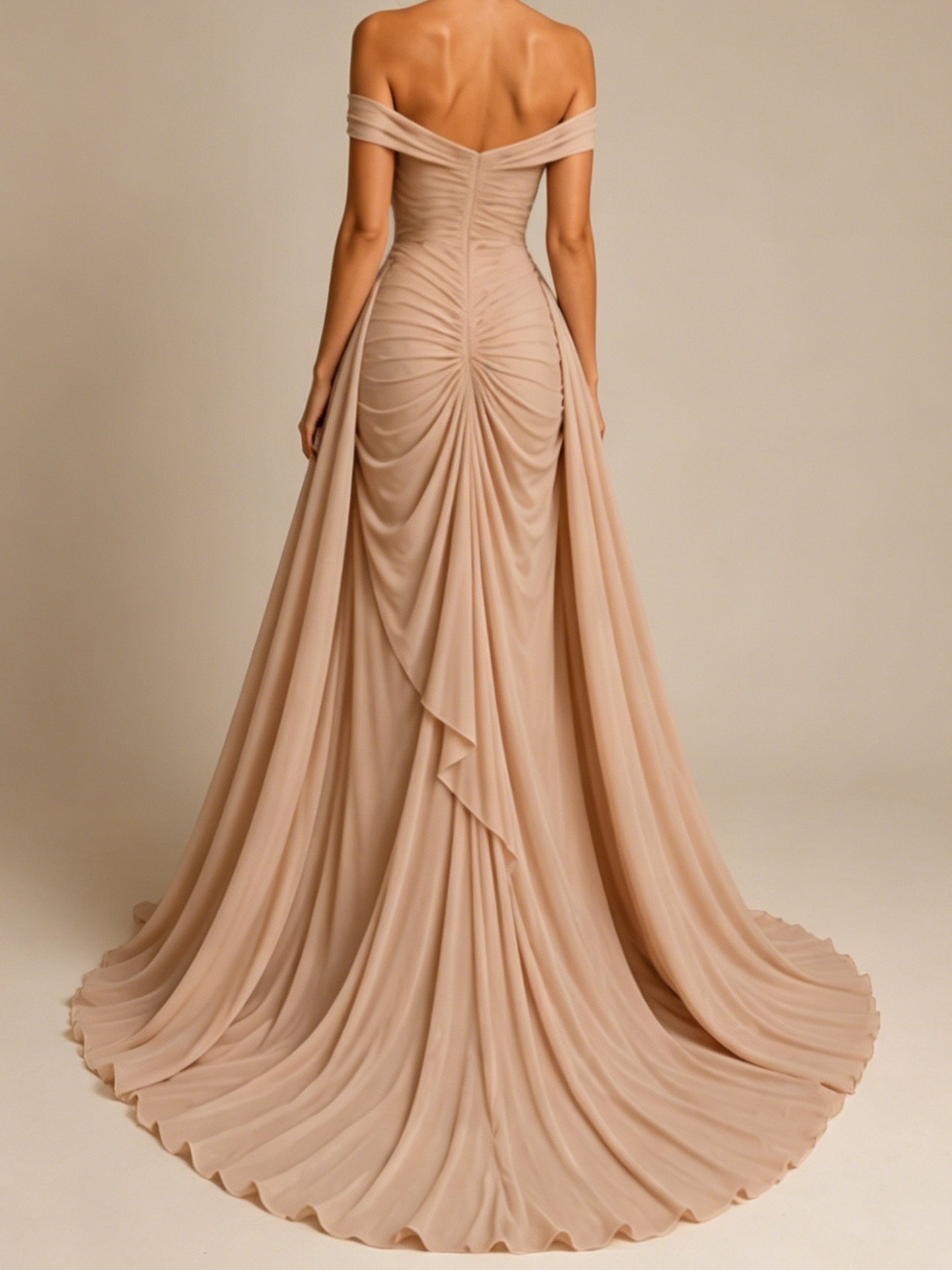 Sheath/Column Off-The-Shoulder Sleeveless Sweep Train Crepe Satin Evening Dresses With Pleated/High Split