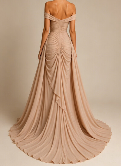 Sheath/Column Off-The-Shoulder Sleeveless Sweep Train Crepe Satin Evening Dresses With Pleated/High Split