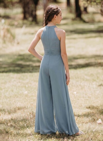 Jumpsuit/Pantsuit High Neck Sleeveless Floor-Length Chiffon Flower Girl Dresses With Ruffle/Pockets