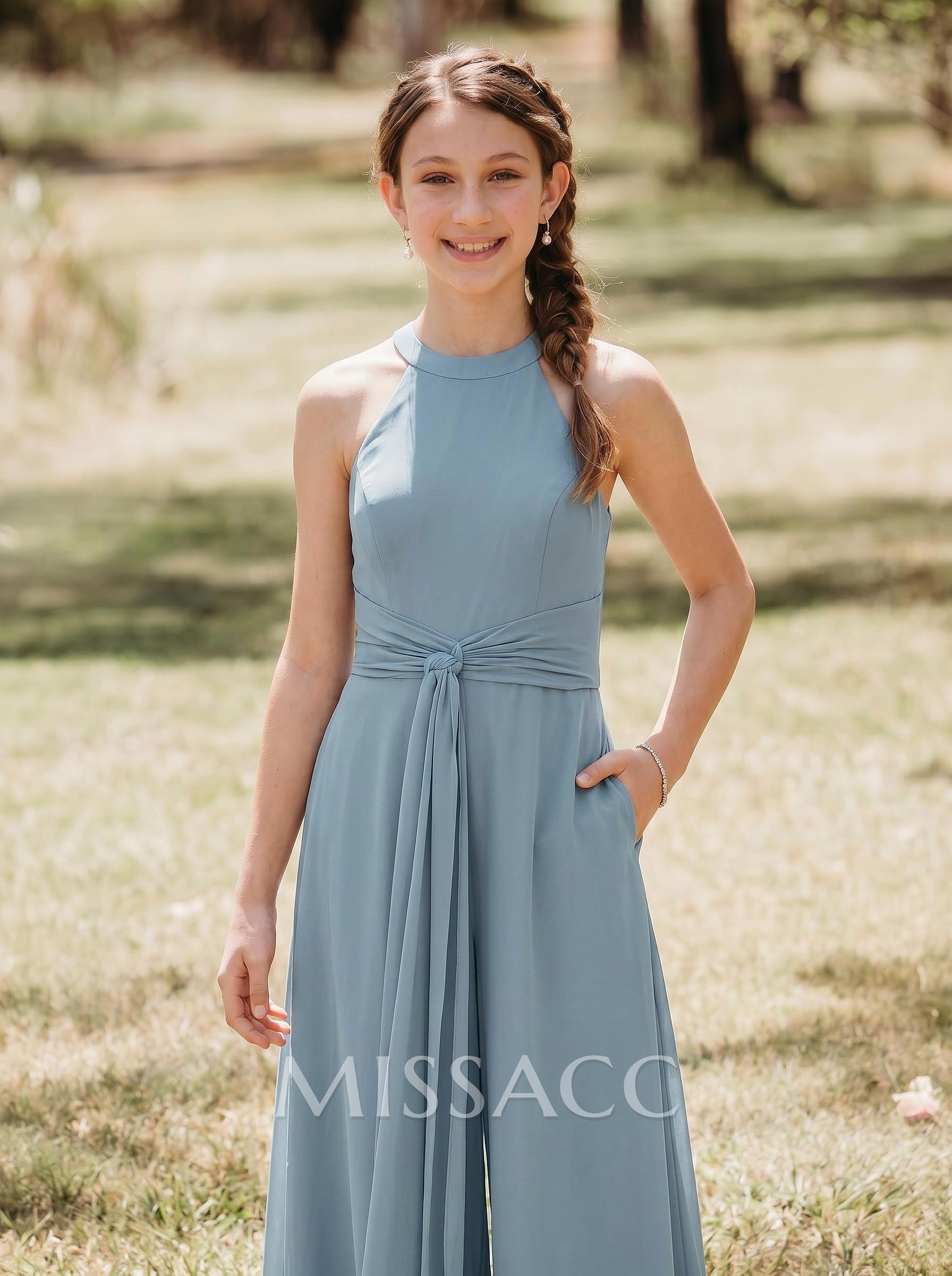 Jumpsuit/Pantsuit High Neck Sleeveless Floor-Length Chiffon Flower Girl Dresses With Ruffle/Pockets