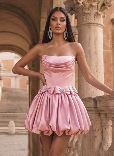 A-Line Strapless Sleeveless Short/Mini Matte Satin Homecoming Dresses With Bow(s)/Bubble Hem