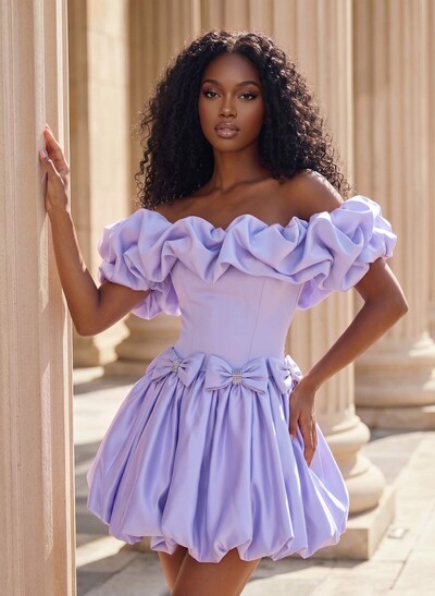 A-Line Off-The-Shoulder Short/Mini Matte Satin\ Homecoming Dresses With Bow(s)/Shoulder Ruffle/Bubble Hem