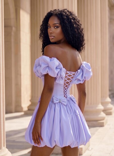 A-Line Off-The-Shoulder Short/Mini Matte Satin\ Homecoming Dresses With Bow(s)/Shoulder Ruffle/Bubble Hem