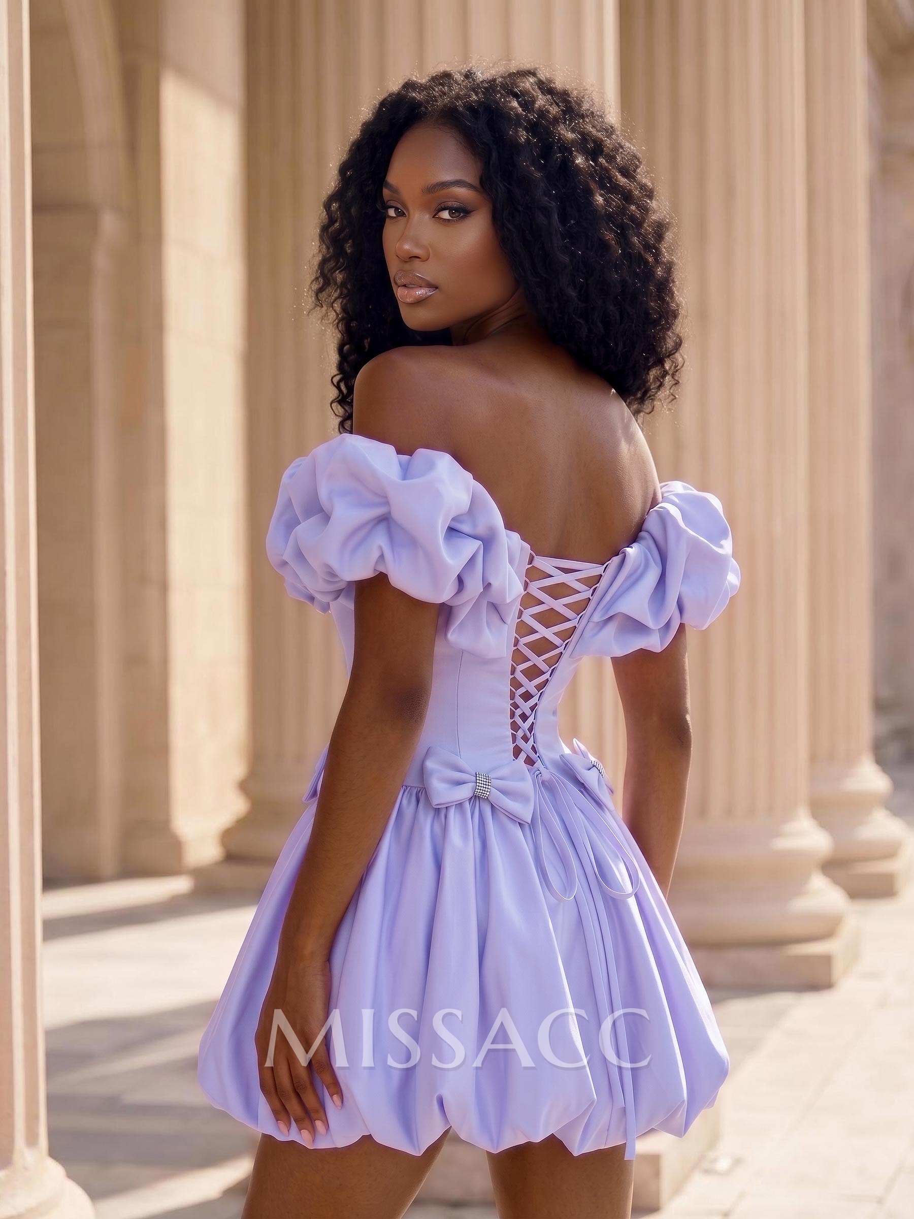 A-Line Off-The-Shoulder Short/Mini Matte Satin\ Homecoming Dresses With Bow(s)/Shoulder Ruffle/Bubble Hem