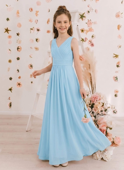 A-Line V-Neck Sleeveless Floor-Length Chiffon Junior Bridesmaid Dresses