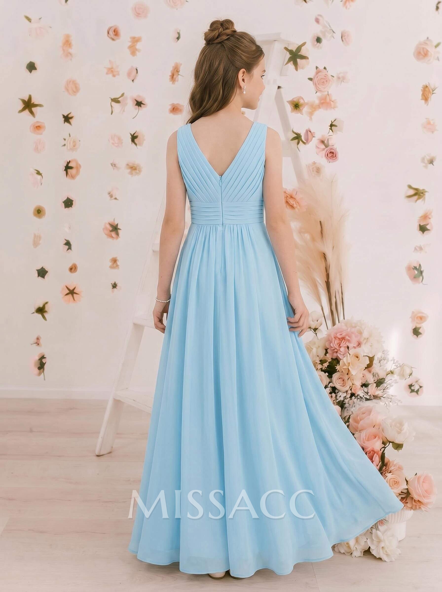 A-Line V-Neck Sleeveless Floor-Length Chiffon Junior Bridesmaid Dresses