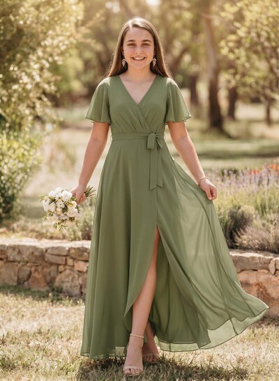 A-Line V-Neck Short Sleeves Asymmetrical Chiffon Junior Bridesmaid Dresses
