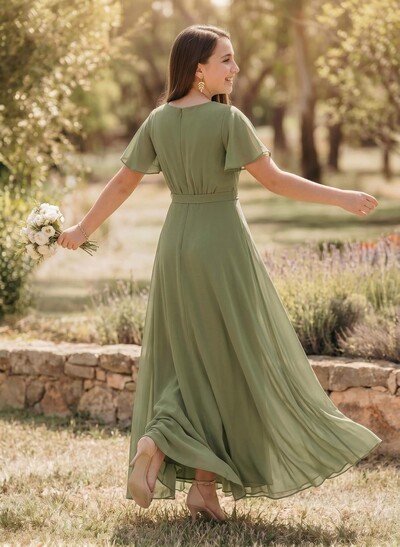 A-Line V-Neck Short Sleeves Asymmetrical Chiffon Junior Bridesmaid Dresses