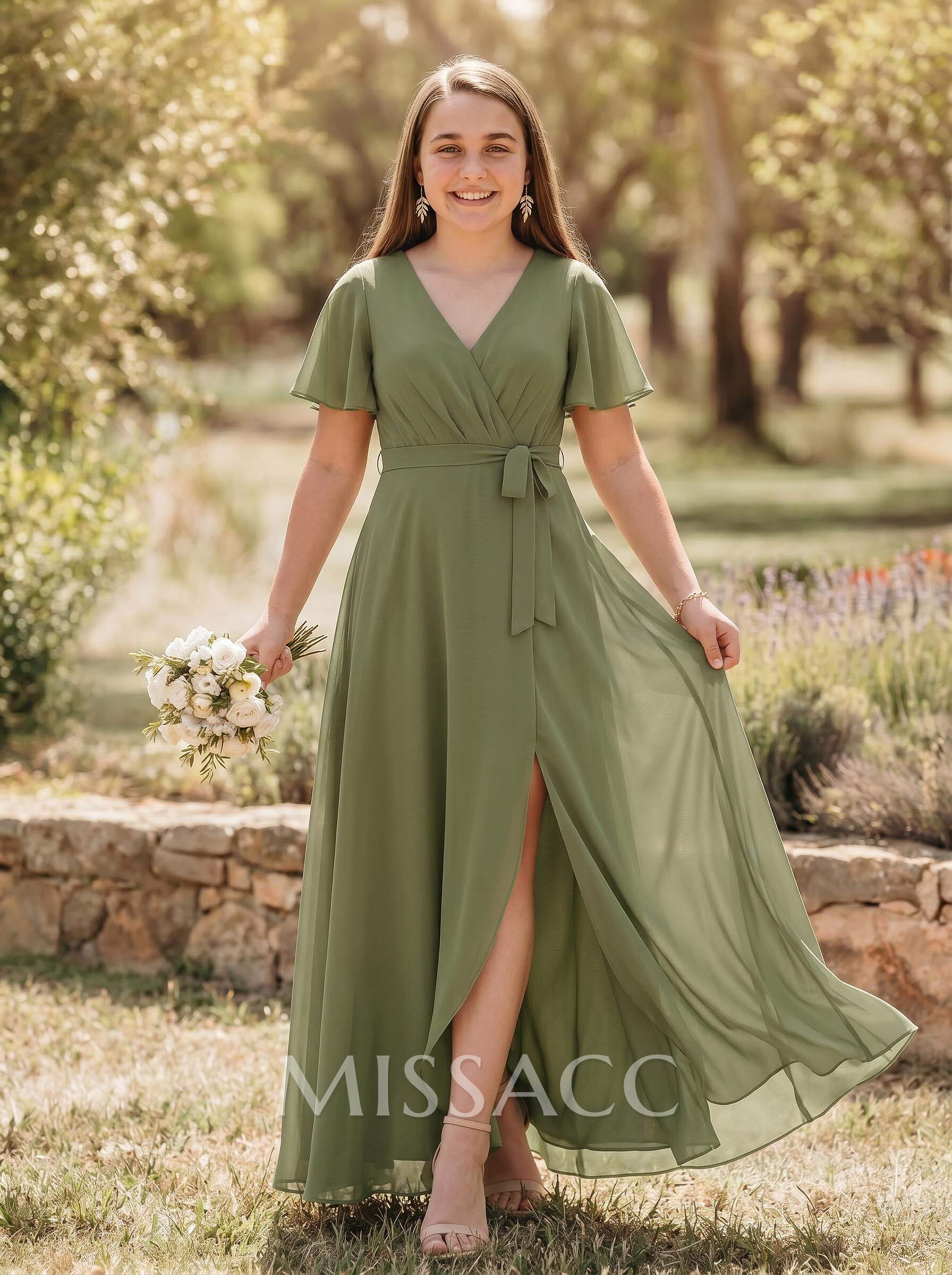A-Line V-Neck Short Sleeves Asymmetrical Chiffon Junior Bridesmaid Dresses
