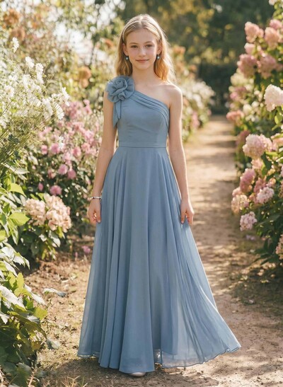 A-Line One-Shoulder Floor-Length Chiffon Junior Bridesmaid Dresses With Flower(s)