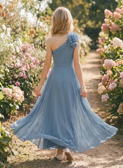 A-Line One-Shoulder Floor-Length Chiffon Junior Bridesmaid Dresses With Flower(s)