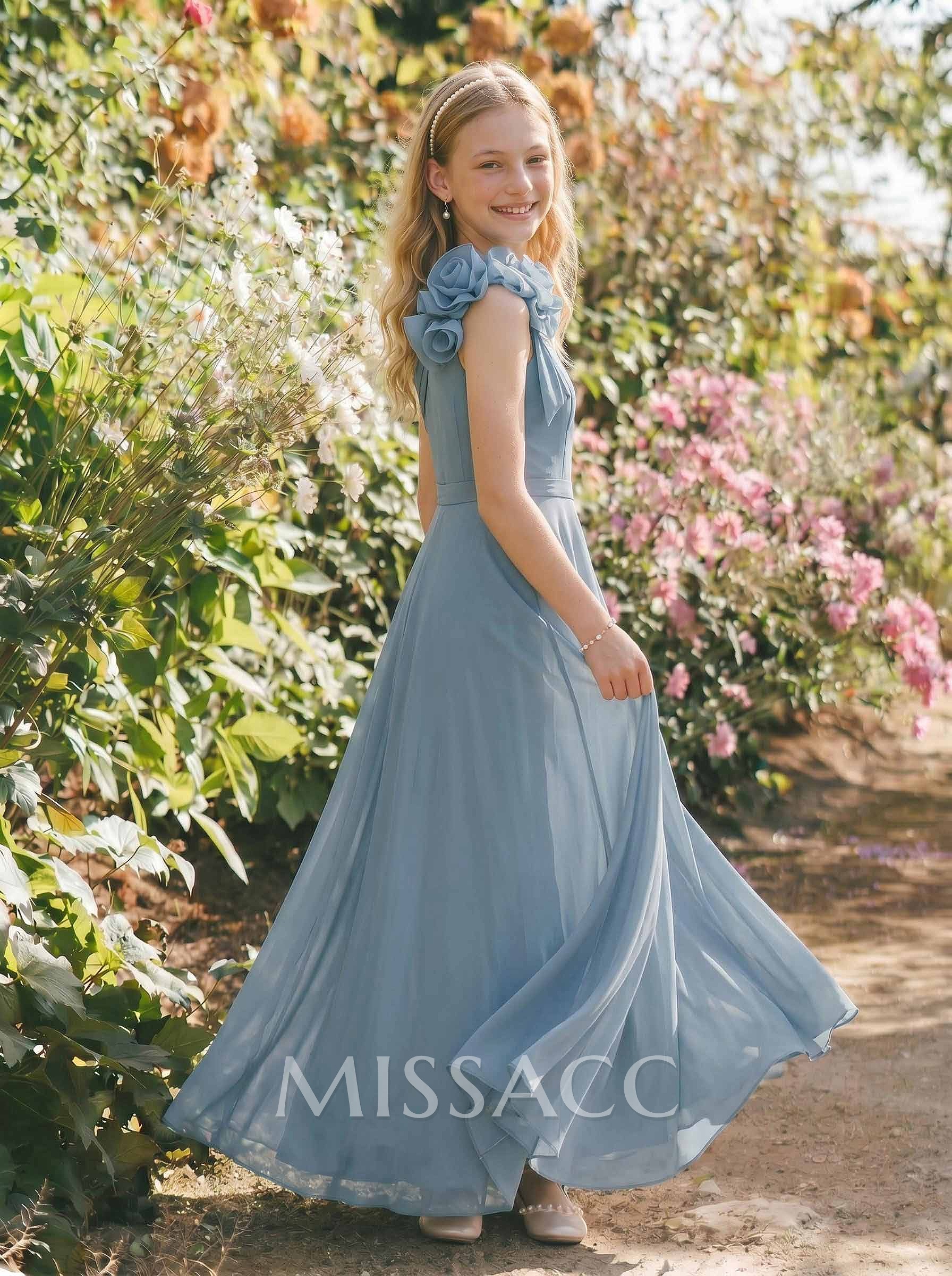 A-Line One-Shoulder Floor-Length Chiffon Junior Bridesmaid Dresses With Flower(s)
