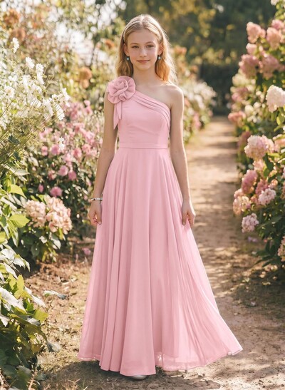 A-Line One-Shoulder Floor-Length Chiffon Junior Bridesmaid Dresses With Flower(s)