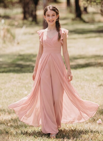 Jumpsuit/Pantsuit Sleeveless Floor-Length Chiffon Junior Bridesmaid Dresses