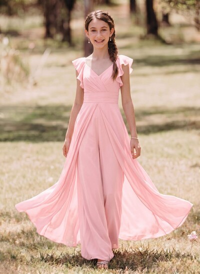 Jumpsuit/Pantsuit Sleeveless Floor-Length Chiffon Junior Bridesmaid Dresses