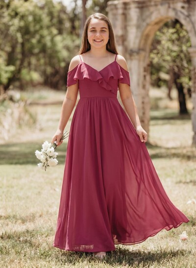 A-Line Off-The-Shoulder Sleeveless Floor-Length Chiffon Junior Bridesmaid Dresses