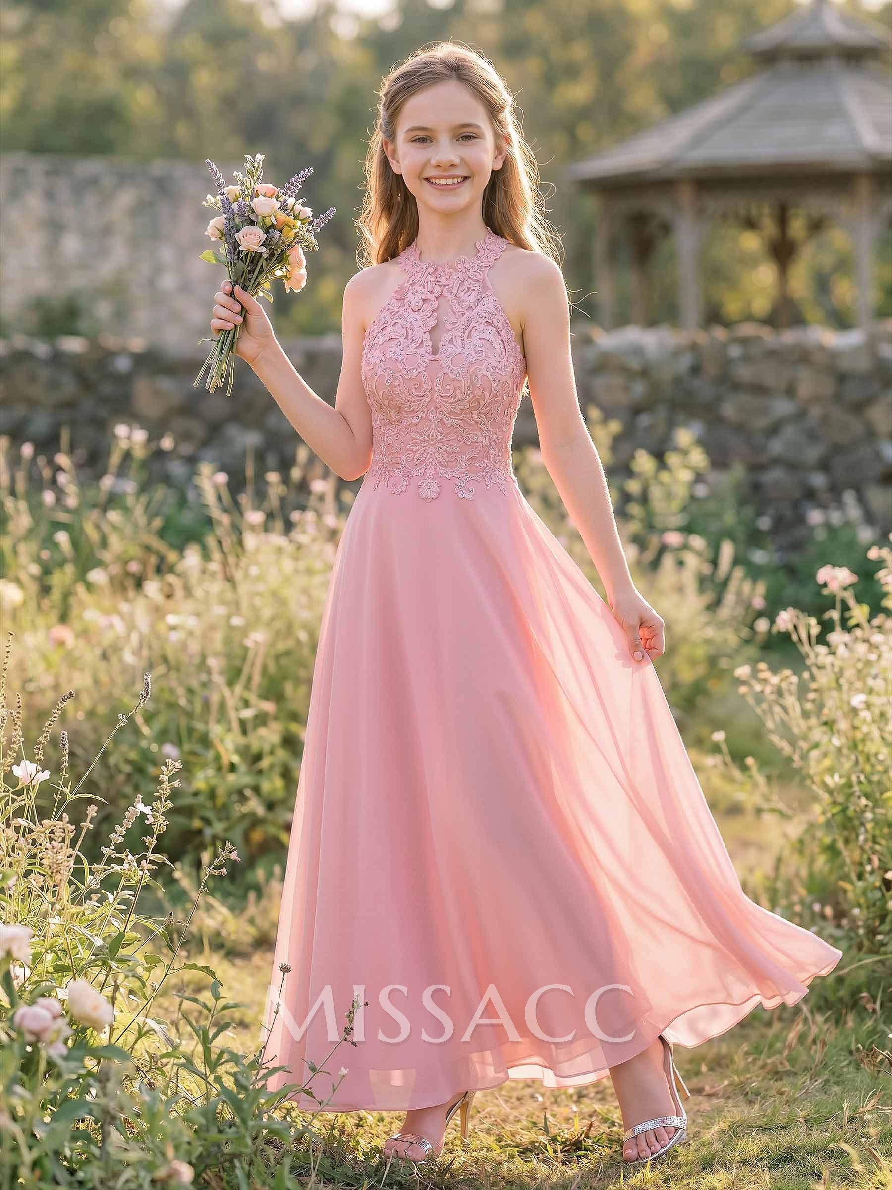 A-Line Halter Chiffon Junior Bridesmaid Dresses With Appliques Lace