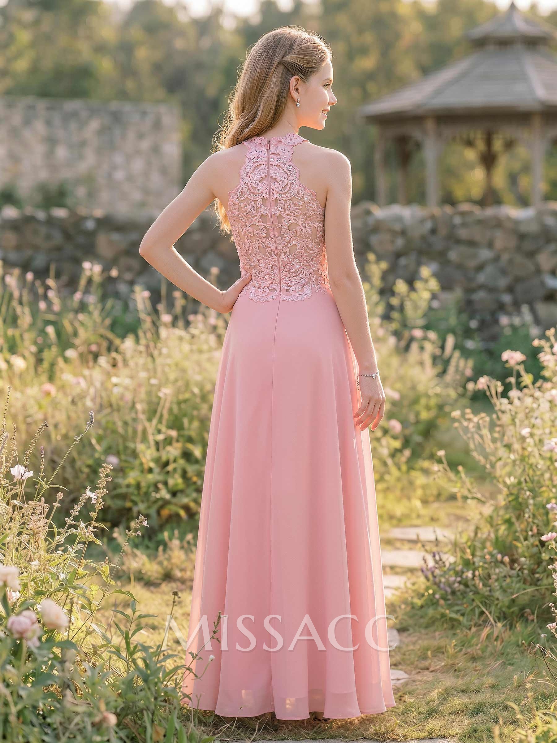 A-Line Halter Chiffon Junior Bridesmaid Dresses With Appliques Lace