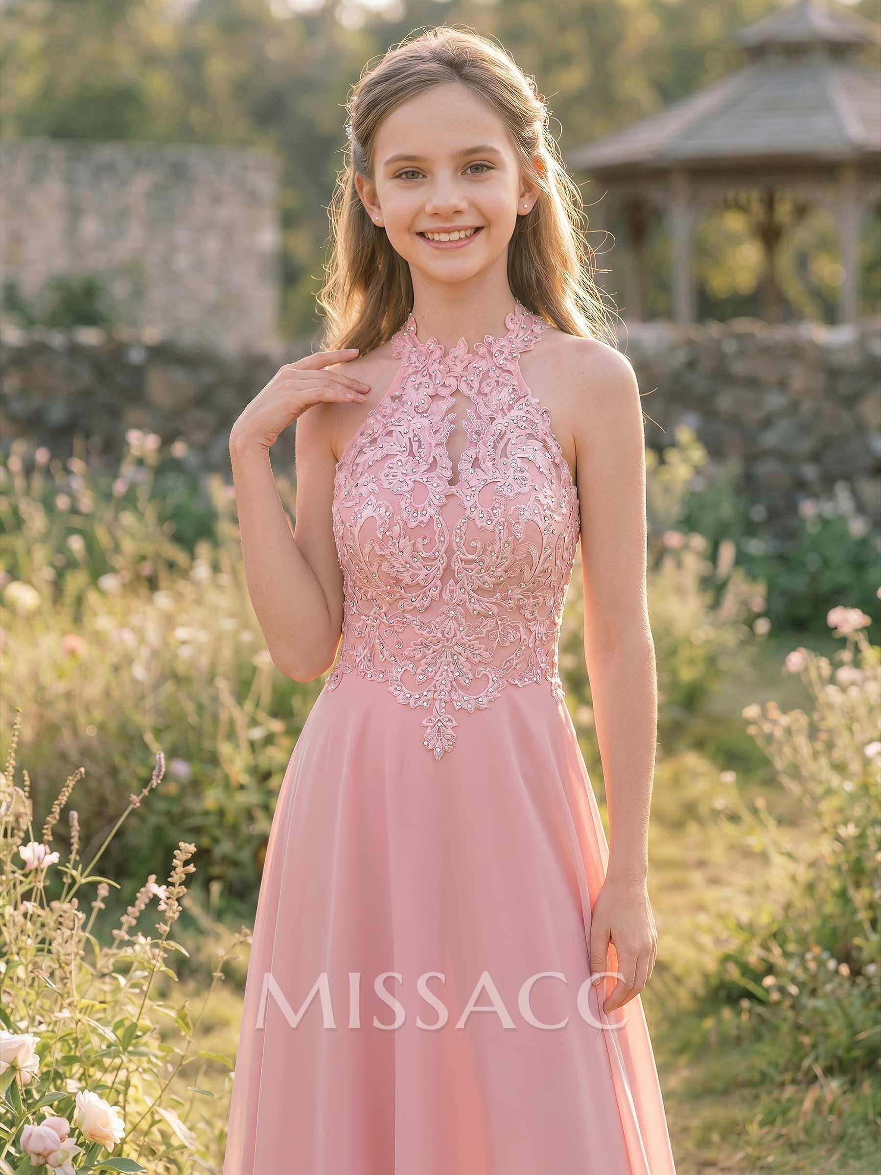A-Line Halter Chiffon Junior Bridesmaid Dresses With Appliques Lace