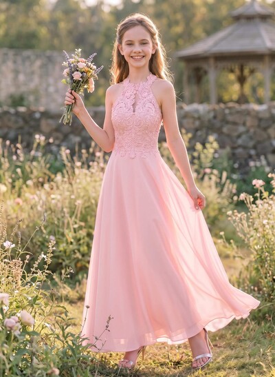 A-Line Halter Chiffon Junior Bridesmaid Dresses With Appliques Lace