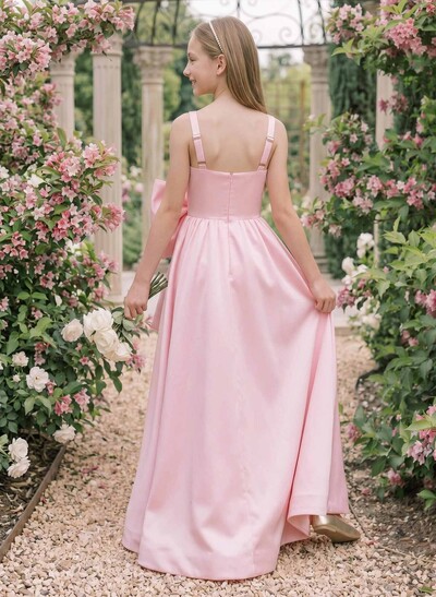 A-Line Square Neckline Floor-Length Satin Junior Bridesmaid Dresses With Bow(s)