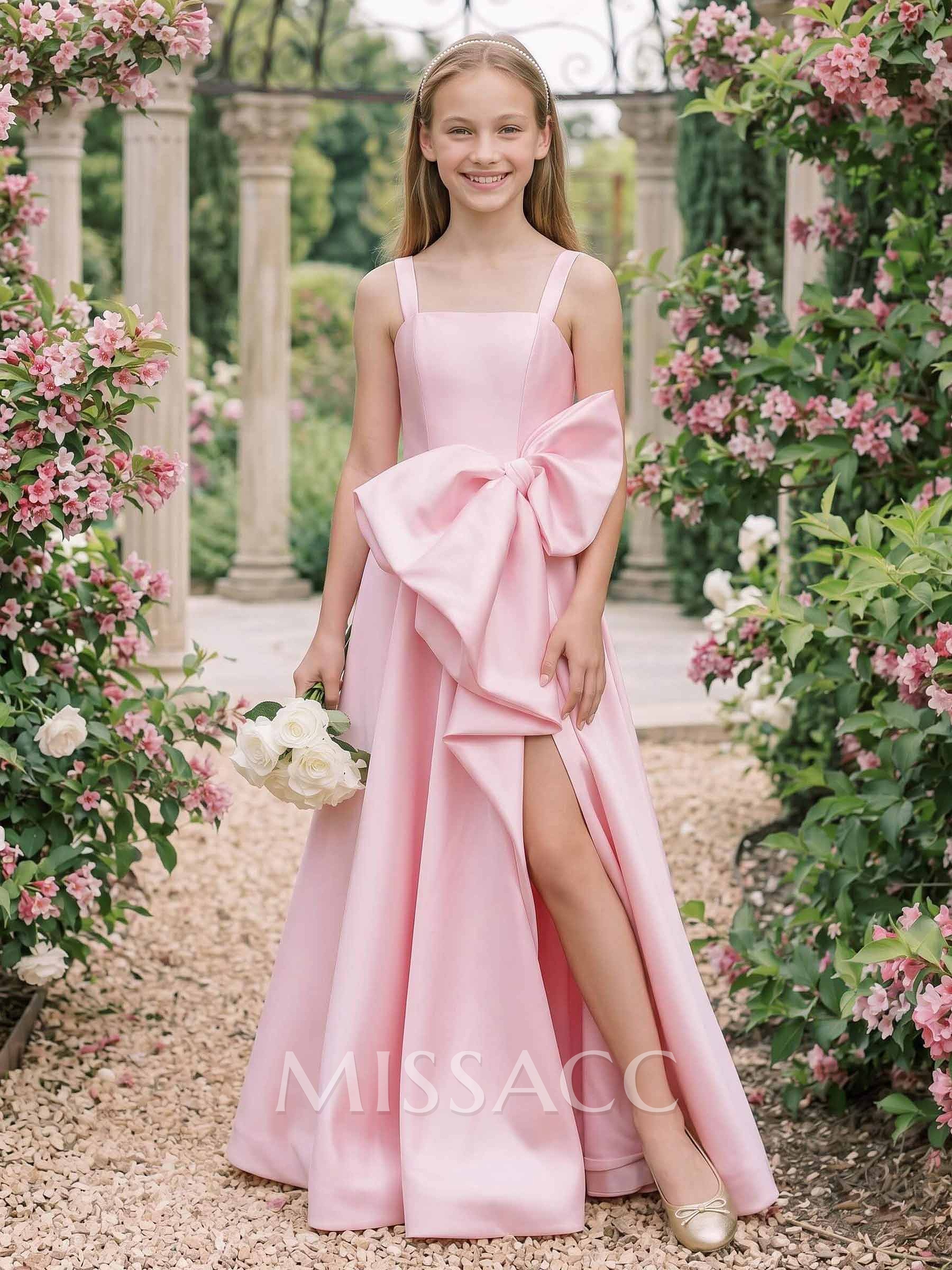 A-Line Square Neckline Floor-Length Satin Junior Bridesmaid Dresses With Bow(s)