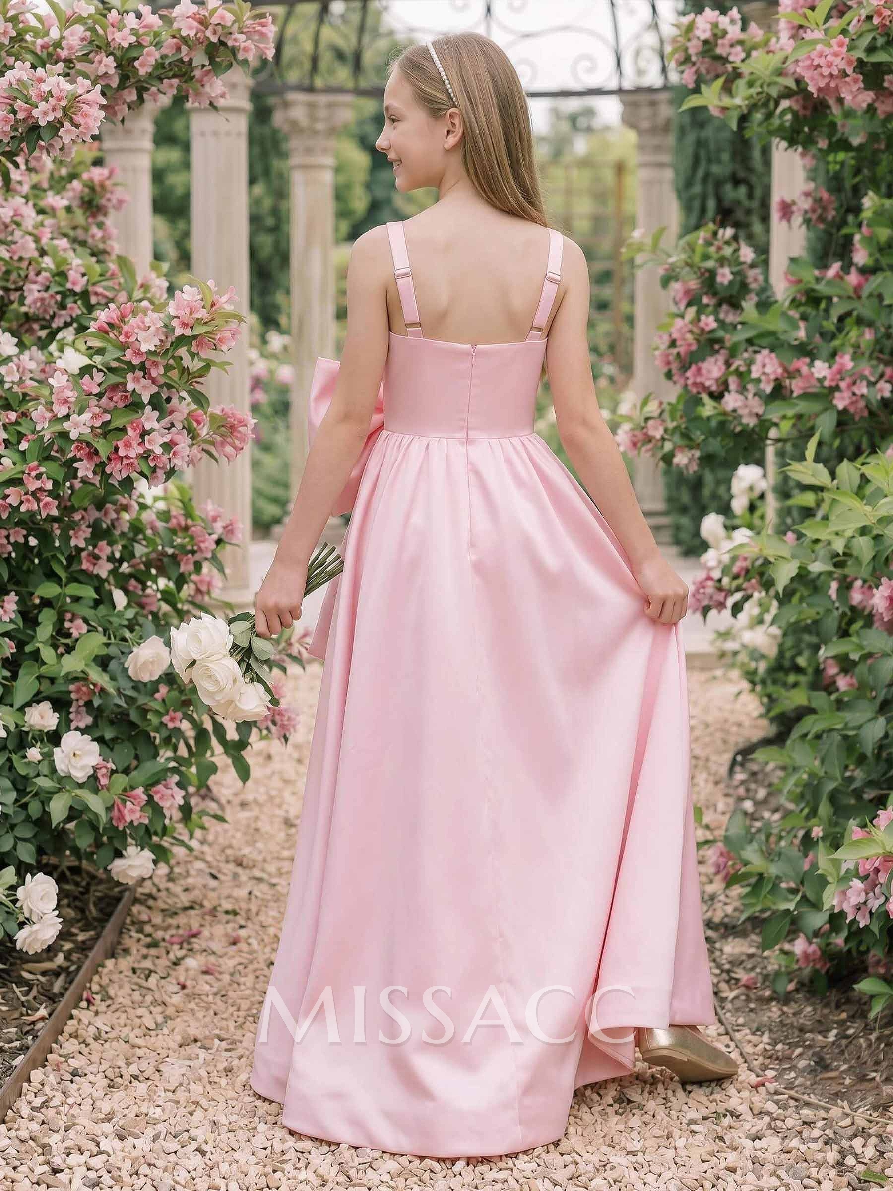 A-Line Square Neckline Floor-Length Satin Junior Bridesmaid Dresses With Bow(s)