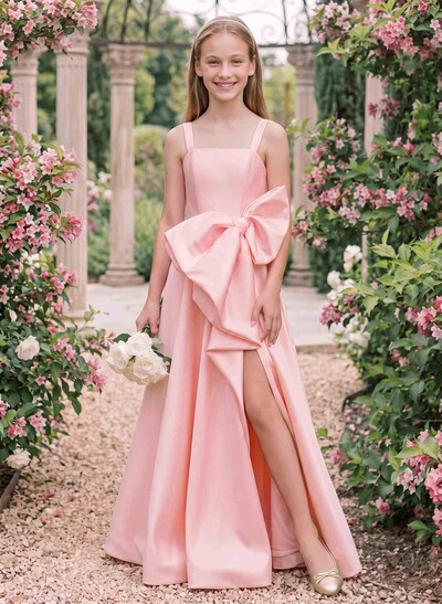 A-Line Square Neckline Floor-Length Satin Junior Bridesmaid Dresses With Bow(s)
