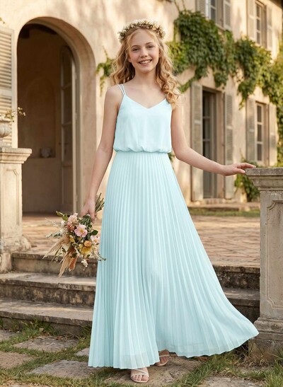 A-Line V-Neck Floor-Length Chiffon Junior Bridesmaid Dresses With Pleated