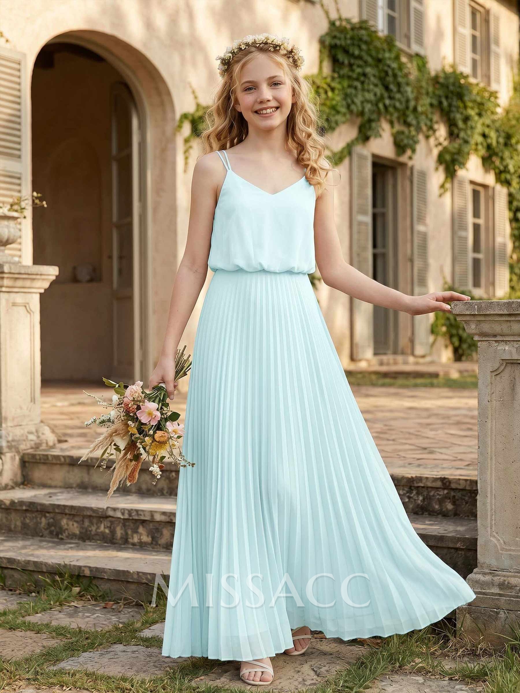 A-Line V-Neck Floor-Length Chiffon Junior Bridesmaid Dresses With Pleated
