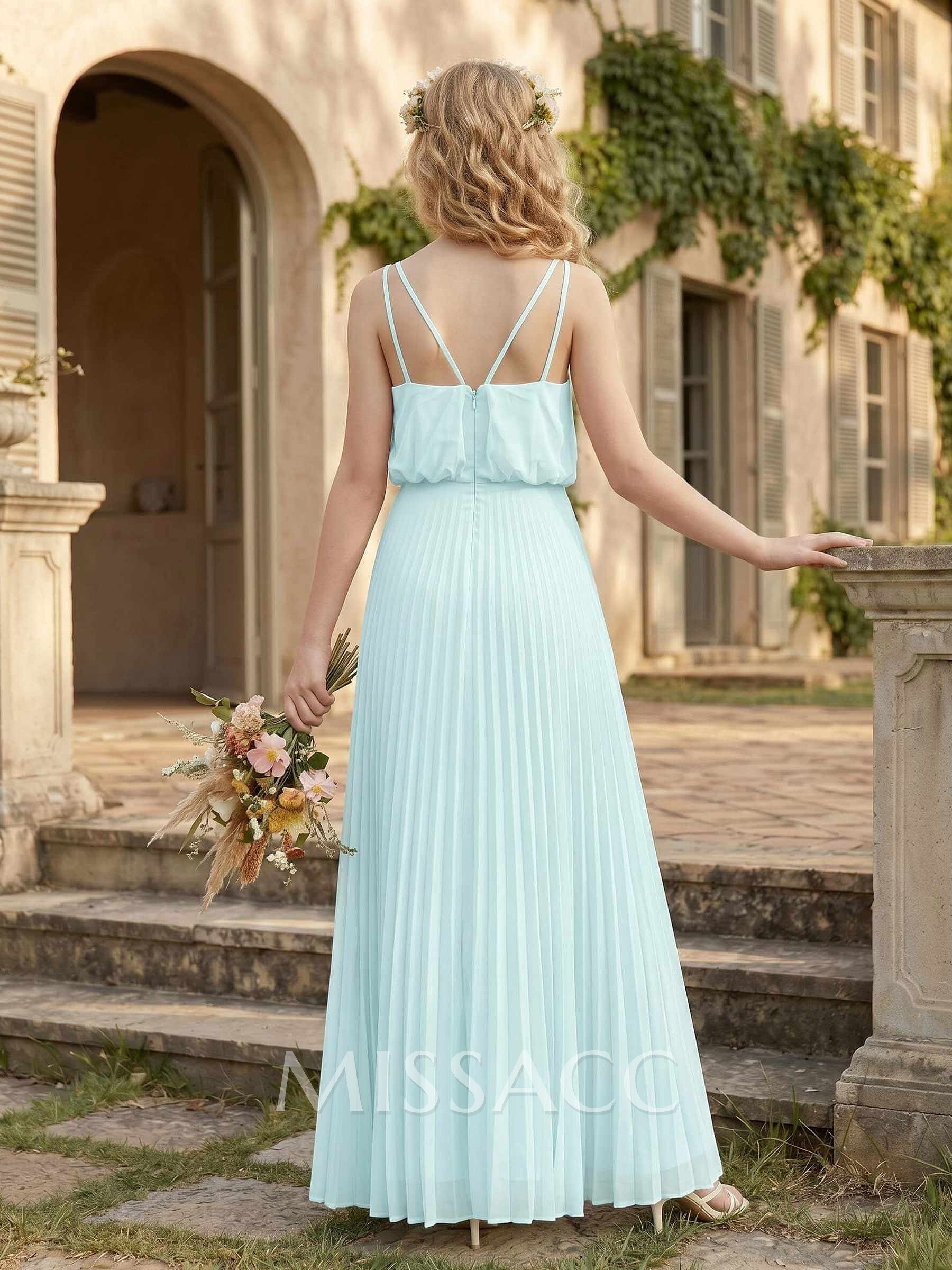 A-Line V-Neck Floor-Length Chiffon Junior Bridesmaid Dresses With Pleated