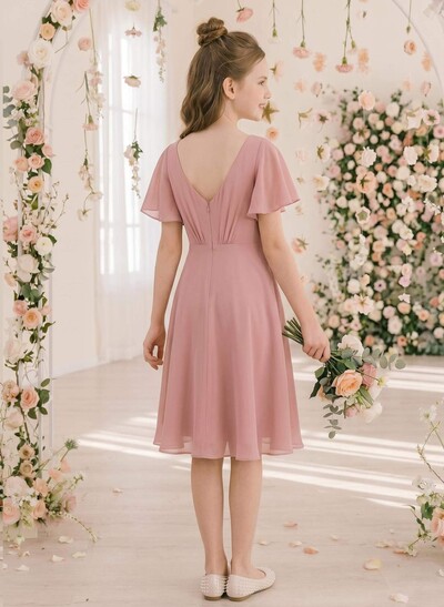 A-Line V-Neck Short Sleeves Knee-Length Chiffon Junior Bridesmaid Dresses