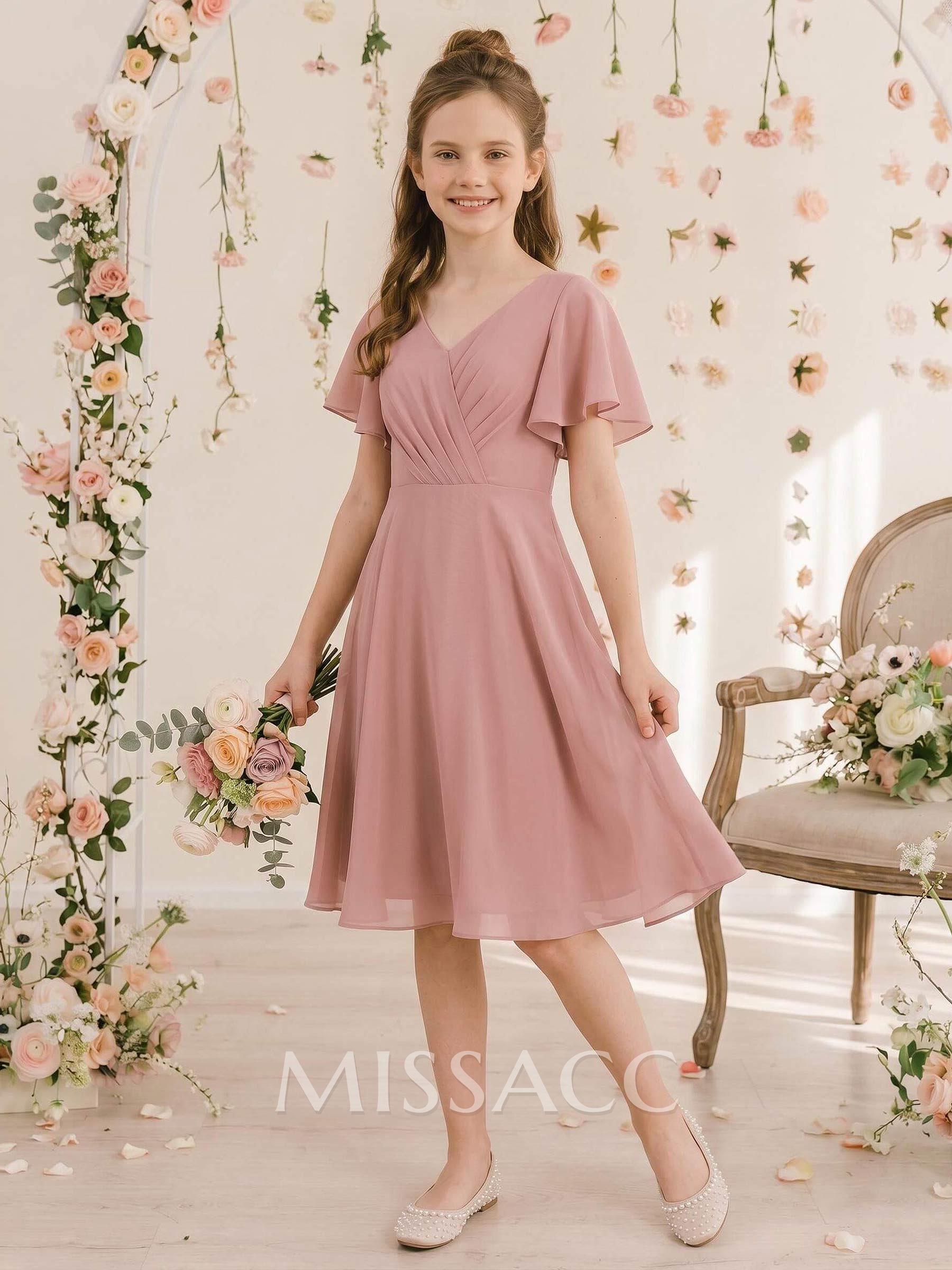 A-Line V-Neck Short Sleeves Knee-Length Chiffon Junior Bridesmaid Dresses