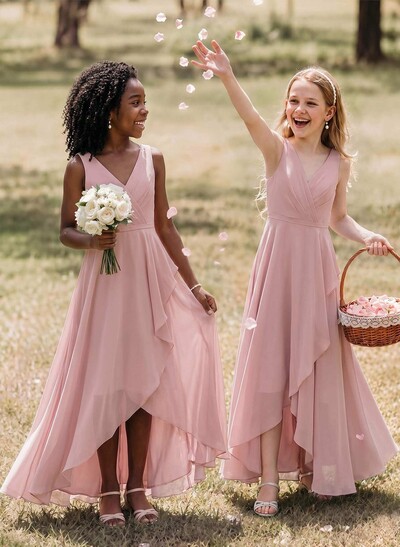 A-Line V-Neck Sleeveless Asymmetrical Chiffon Junior Bridesmaid Dresses
