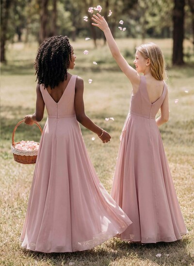 A-Line V-Neck Sleeveless Asymmetrical Chiffon Junior Bridesmaid Dresses