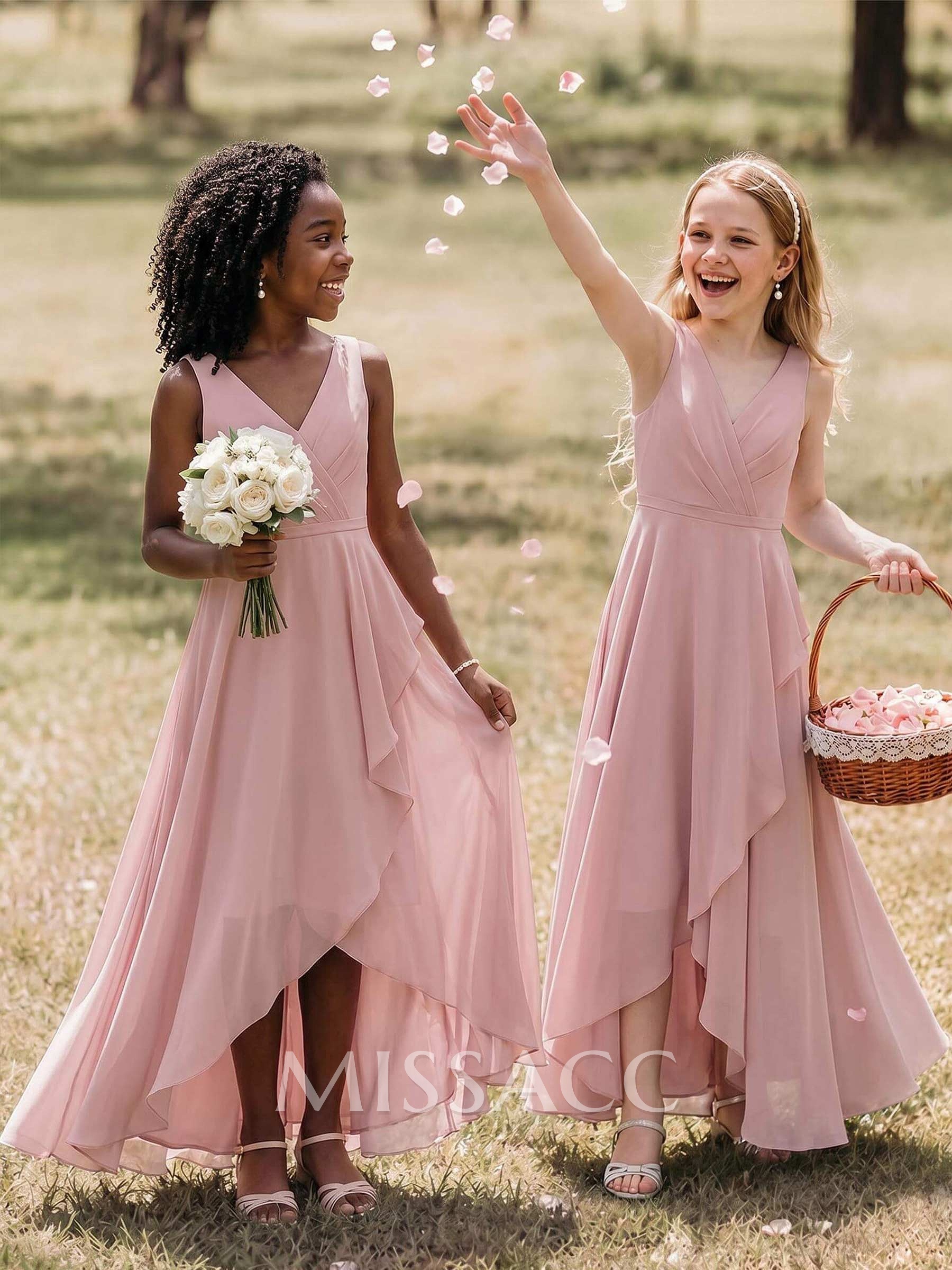 A-Line V-Neck Sleeveless Asymmetrical Chiffon Junior Bridesmaid Dresses