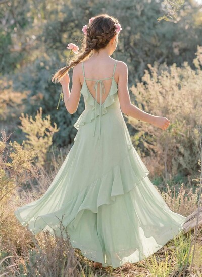 A-Line V-Neck Floor-Length Chiffon Junior Bridesmaid Dresses With Ruffle