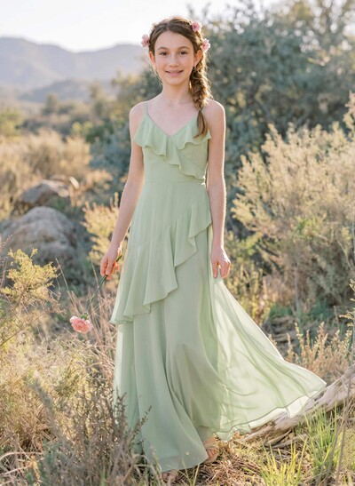 A-Line V-Neck Floor-Length Chiffon Junior Bridesmaid Dresses With Ruffle