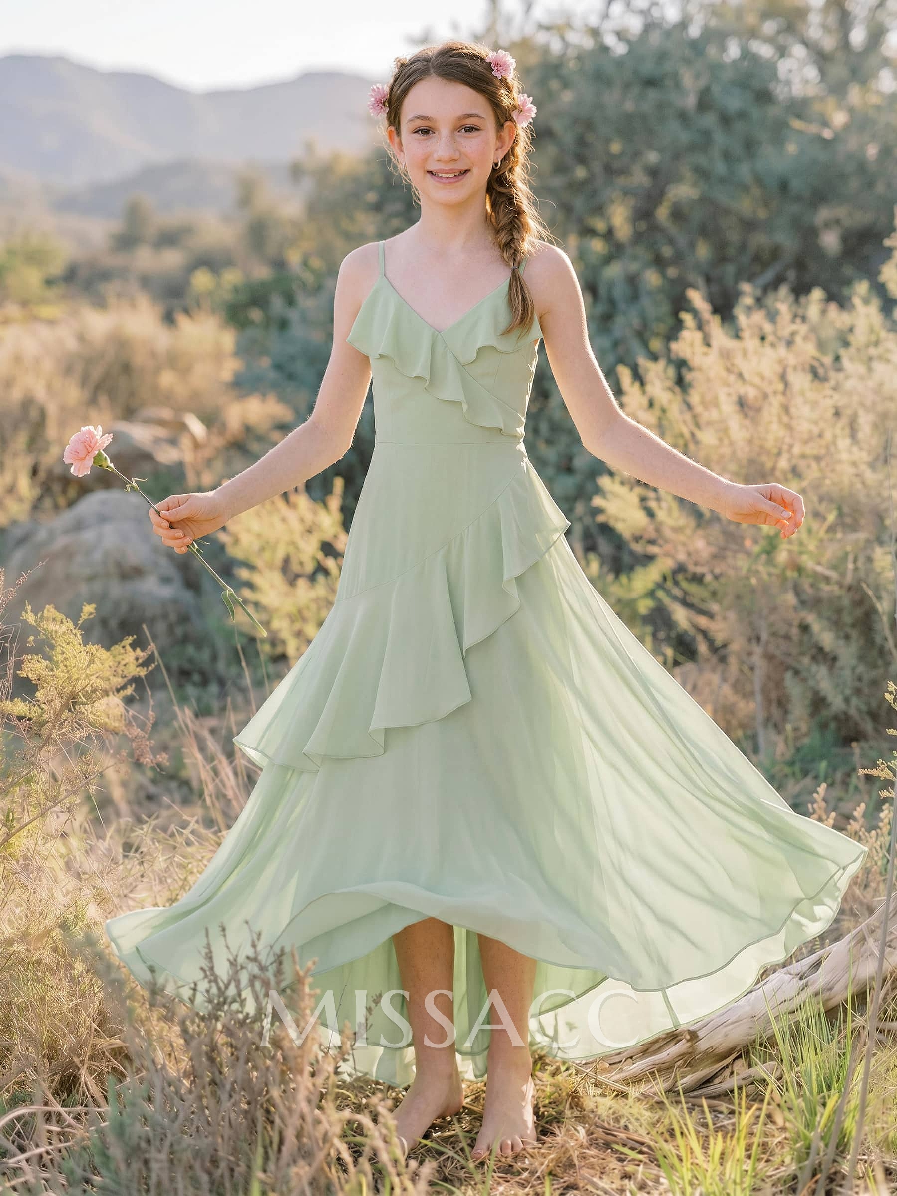 A-Line V-Neck Floor-Length Chiffon Junior Bridesmaid Dresses With Ruffle