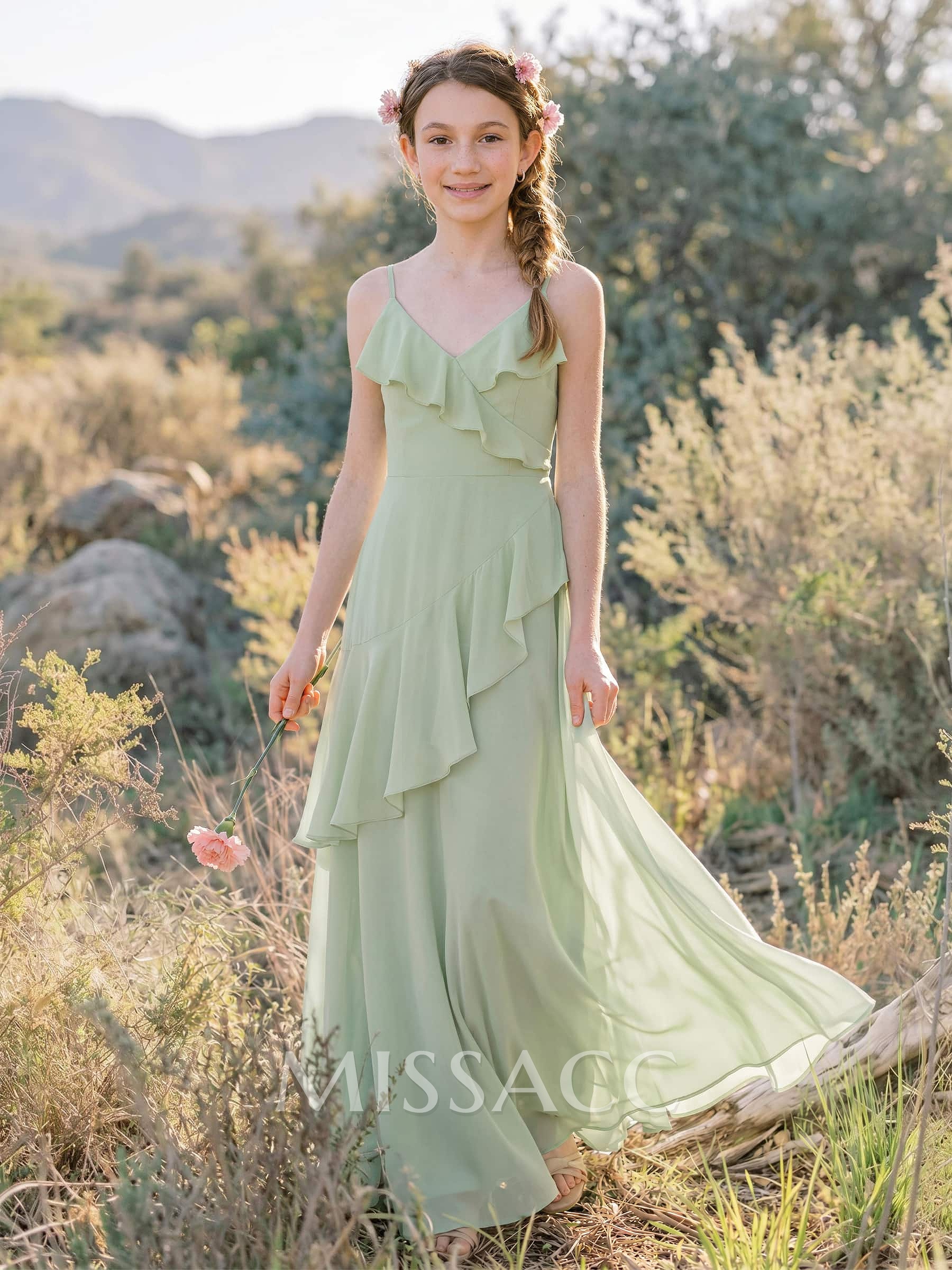 A-Line V-Neck Floor-Length Chiffon Junior Bridesmaid Dresses With Ruffle