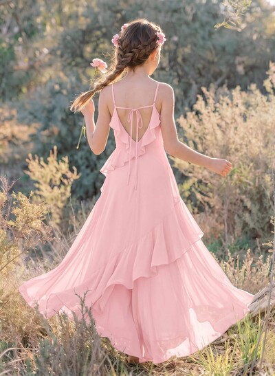 A-Line V-Neck Floor-Length Chiffon Junior Bridesmaid Dresses With Ruffle